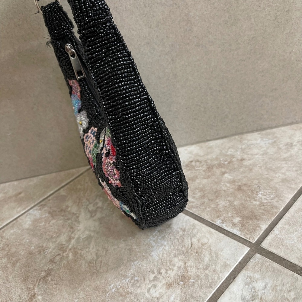 Studio 12 Black Beaded Floral Hobo Shoulder Bag Crescent Y2K Small Purse - Picture 3 of 12